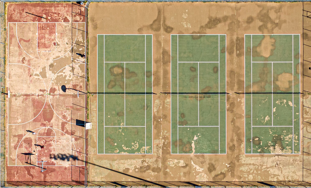 An aerial view of the city’s tennis and basketball courts Alpine, Texas