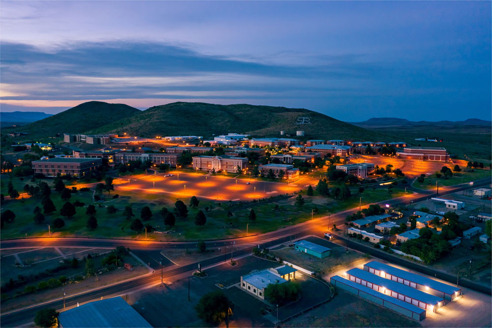 An aerial photo of Sul Ross University at twilight Alpine, Texas